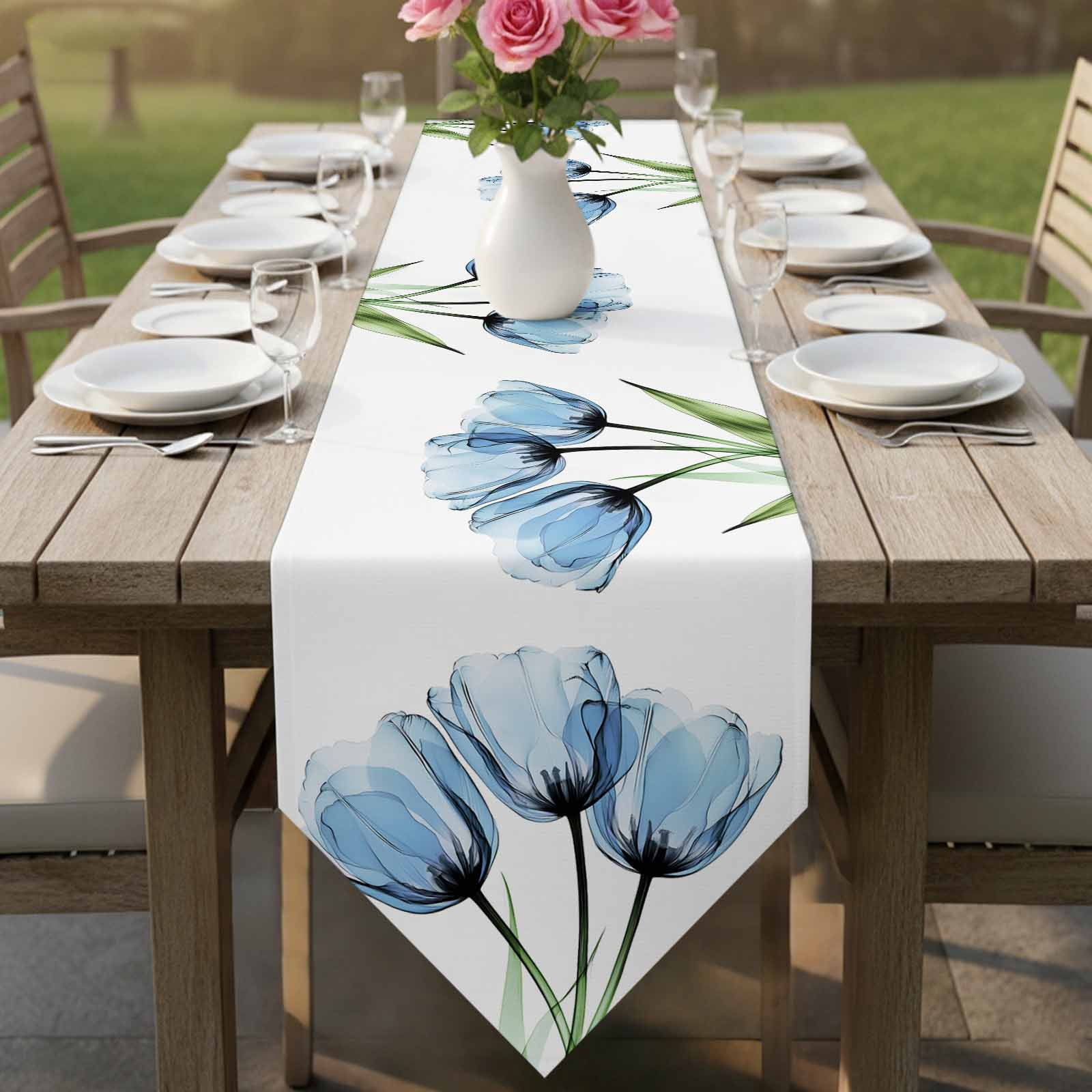 Blue Tulip Table Runner 108 Inches Long Country Flower Farmhouse Table Runners for Dining Room Tabletop Dresser Scarf Home Party Banquet Wedding Holiday Decoration