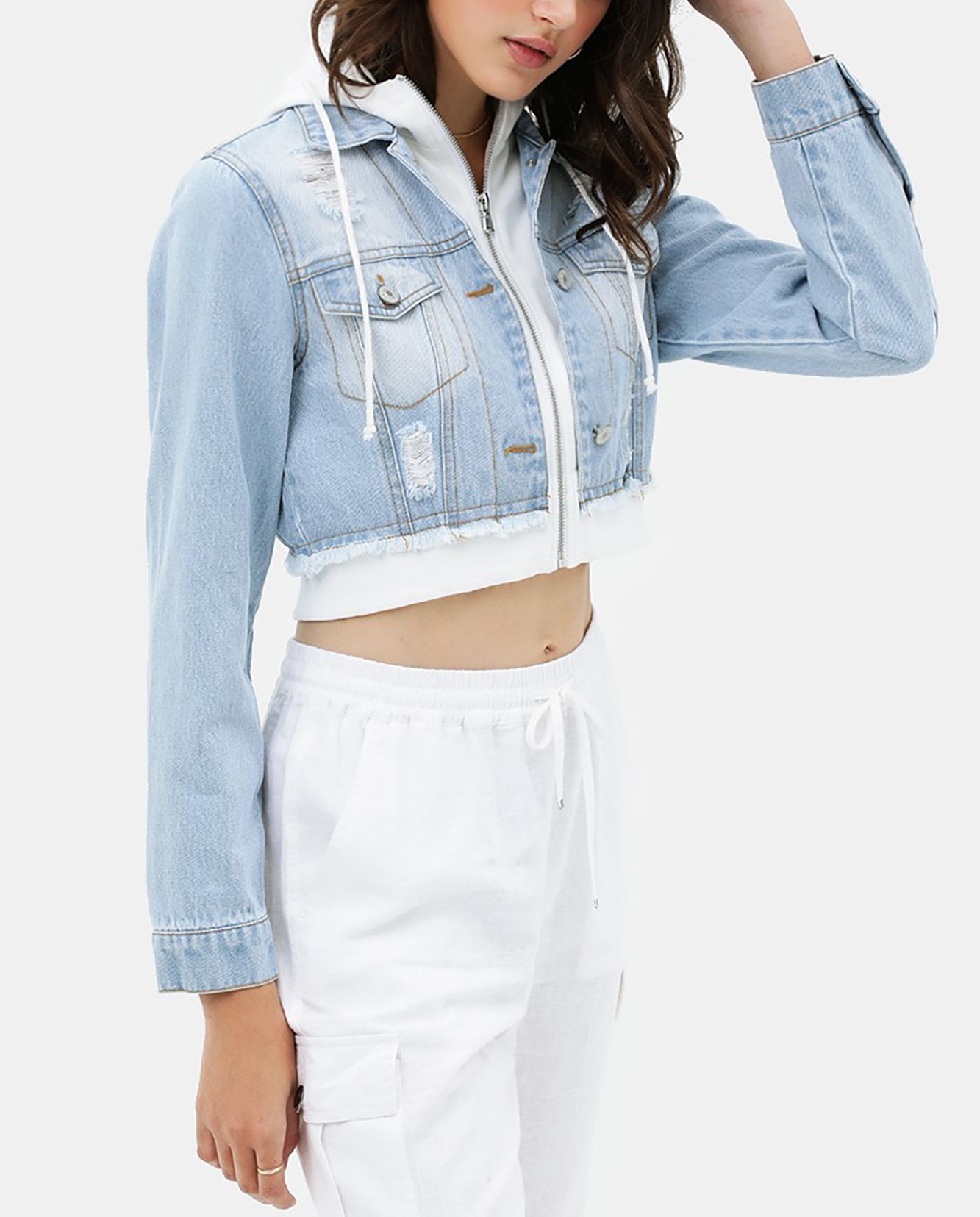 Women's Cropped Layered Hoodie Denim Jean Jacket. - Walmart.com