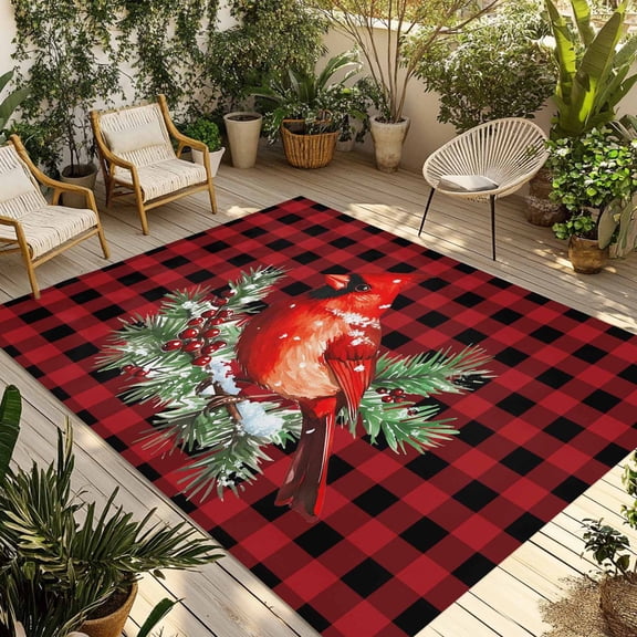 Fsddascl Christmas Cardinal Birds Outdoor Rug for Patio/Deck/Porch, Non-Slip Large Area Rug 5 x 8 Ft, Buffalo Checker Xmas Pine Tree Indoor Outdoor Rugs Washable Area Rugs, Camping Rug Carpet Runner