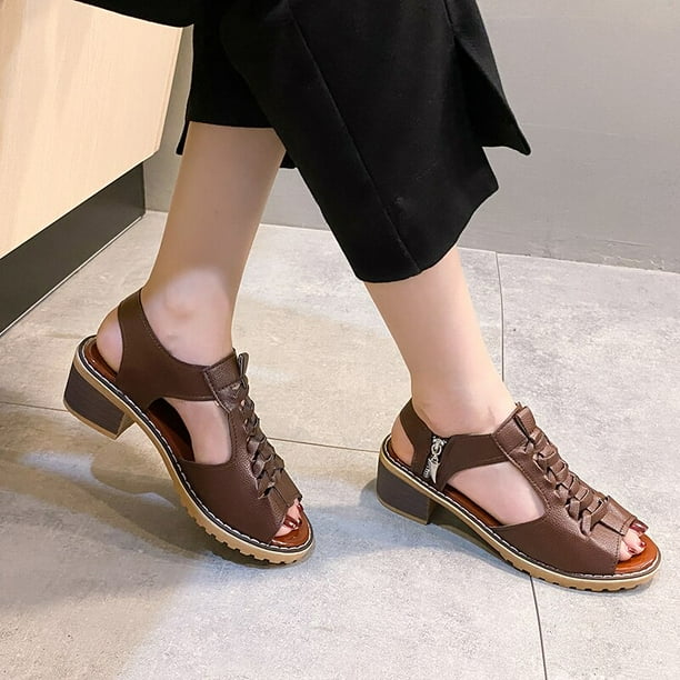 2022 nouvelles femmes talon carr chaussures d t en cuir fermeture clair gladiateur sandales talon moyen fermeture clair plate forme sandales