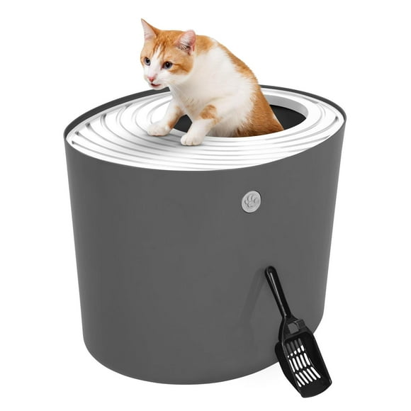 Arenero para Gatos IRIS USA Gris Oscuro Blanco con Entrada Superior