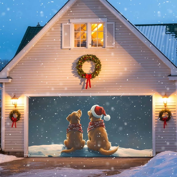 Golden Retriever Moon Garage Door Banner Covers, Christmas Winter Night Large Hanging Indoor/Outdoor Backdrop Background for Christmas Winter Party Decor, 6.9x8 FT