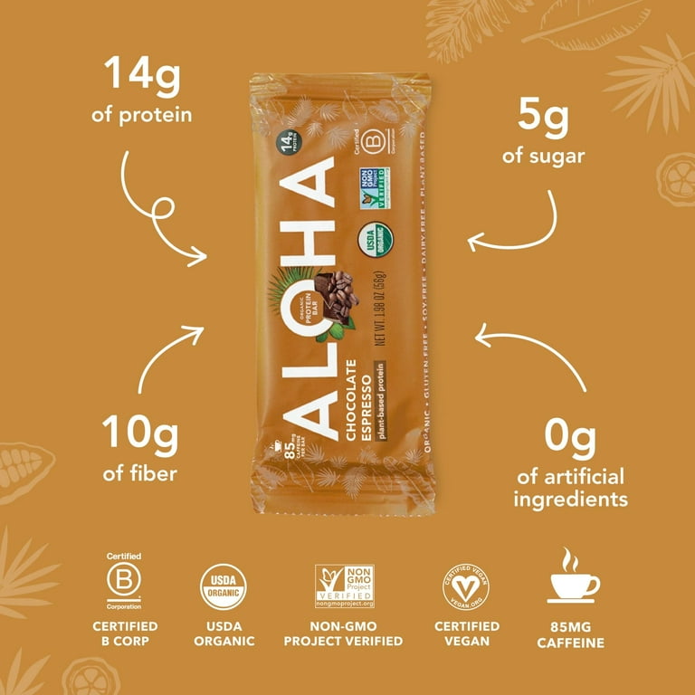 Aloha Vegan Chocolate Espresso Protein Bars, 14g Plant-Based
