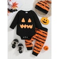 thumbnail image 3 of HWJAD Newborn Baby Boy Halloween Clothes Long Sleeve Orange Pumpkin Face Print Romper Bodysuit+Pants 3PCS Infant Outfits Set, 3 of 10