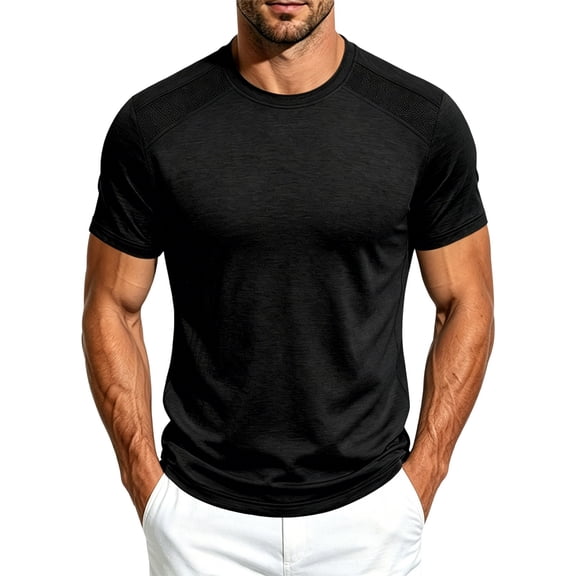 sdhkgrrt Plus Size Men Summer Round Neck Short Sleeve T-Shirts Casual Solid Basics Tee Tops Loose Fit Everyday Wear, Black L