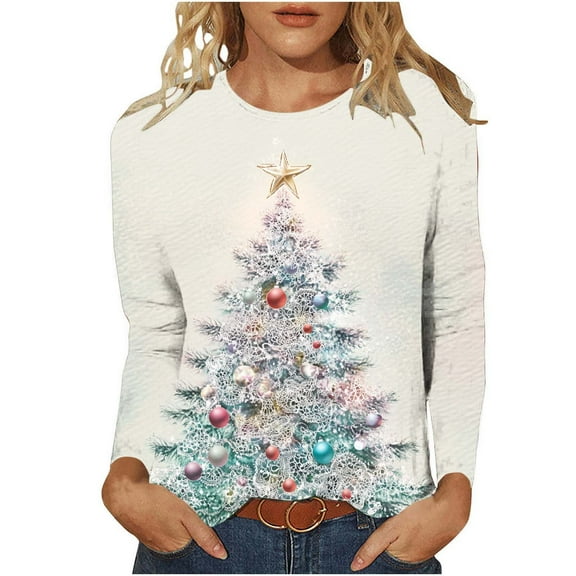 asdoklhq Crew Neck Sweatshirts Women's Casual Christmas Print Round Neck Long Sleeve T-Shirt Loose Top Multicolor 4X