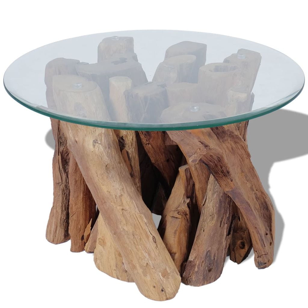 Best 23.6" Coffee Table, Solid Teak Driftwood with Glass Top and Teak Base, A