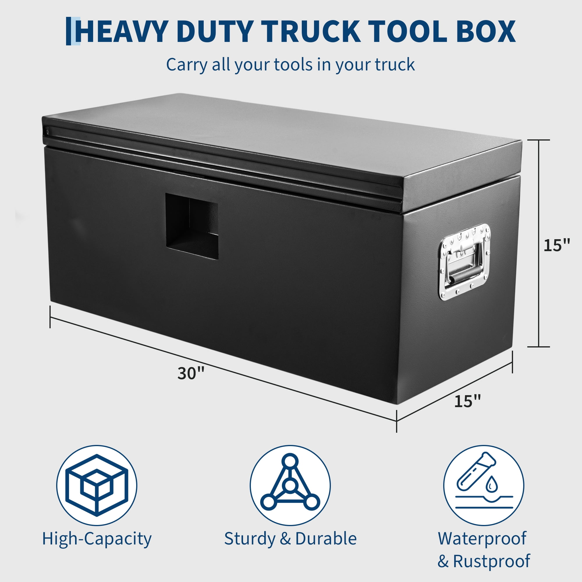 30" x 15" x 15" Black Steel Truck Bed Tool Box, Heavy Duty Trailer Tongue & Pickup Storage Chest with Dual Hydraulic Lid Supports, Truck/RV/Trailer Tool Organizer