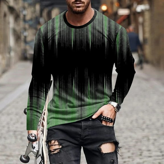 S-5X Plus Size T Shirts for Men Big & Tall Long Sleeve Crewneck Tees Tops Mens Trendy Gradient Printed Pullover Slim Athletic Workout Tshirts Shirt