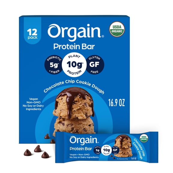 Orgain Organic Vegan Protein Snack Bars, Chocolate Chip Cookie Dough, 1.41oz (Pack of 12)