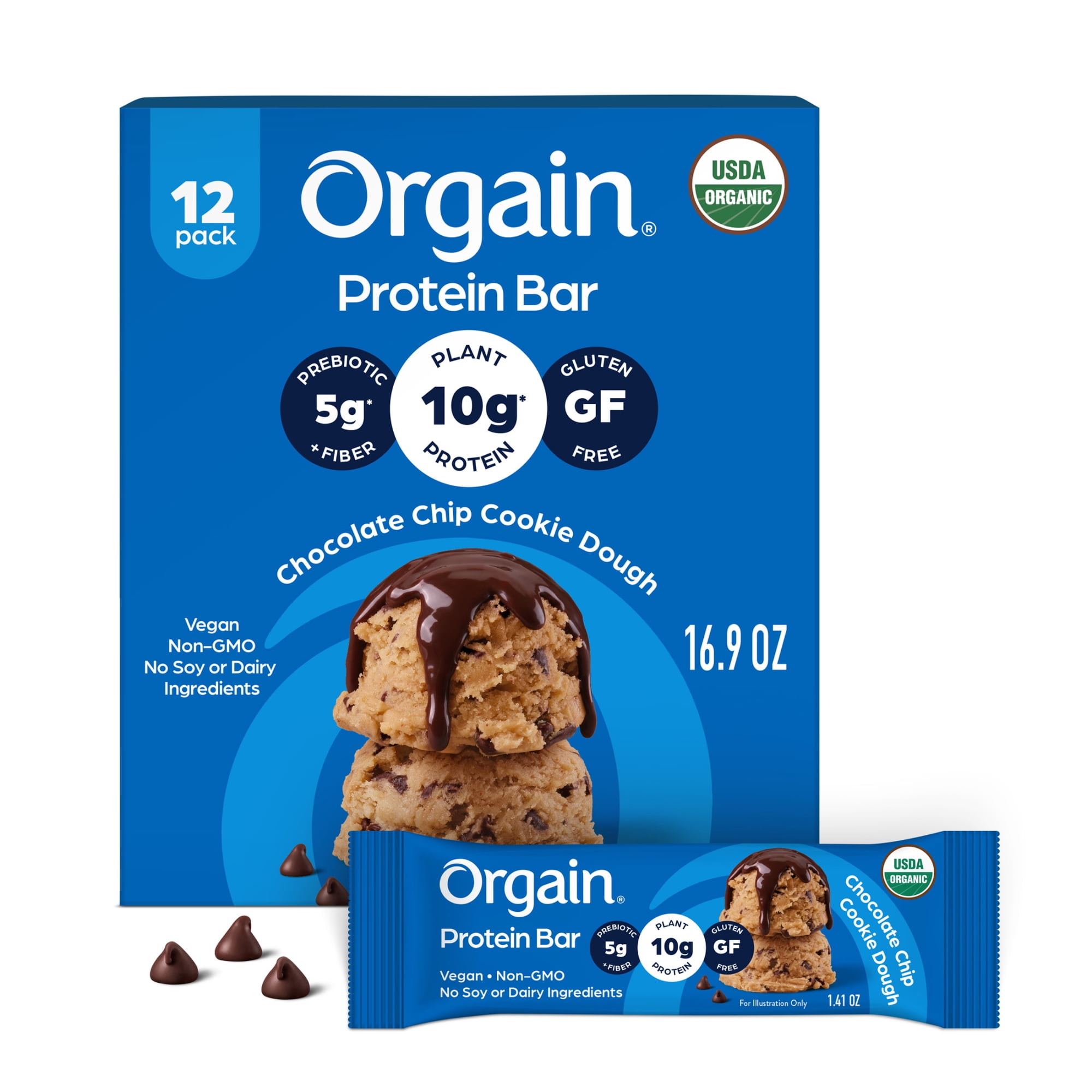 Orgain Organic Vegan Protein Snack Bars, Chocolate Chip Cookie Dough, 1.41oz (Pack of 12)