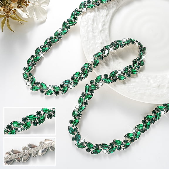 XmhyTop-A 1 Yard Rhinestone Chain Trim Sparkling Sewing Rhinestone Accessories for Clothing Decoration, Wedding Craft Embellishment,Silvery Green A