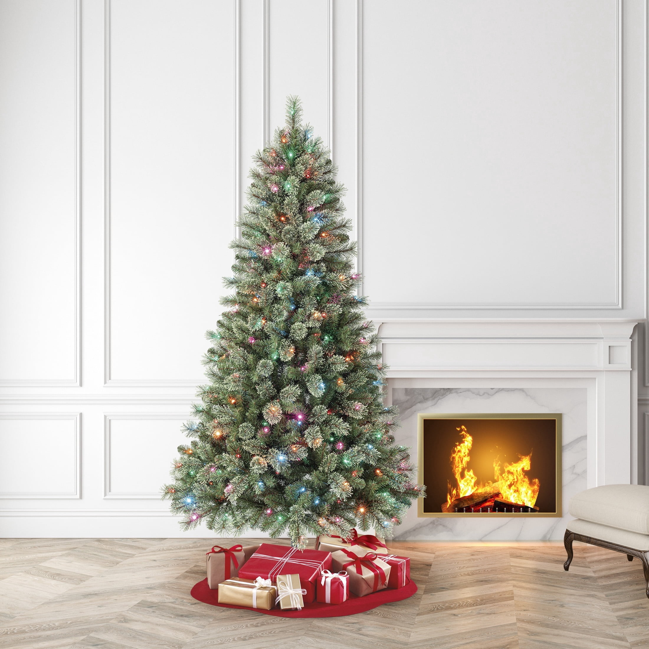 7.5' Pre-Lit Liberty Cashmere Pine Green Artificial Christmas Tree with Color-Changing LED Lights, Quick Set, and Stand, by Holiday Time
