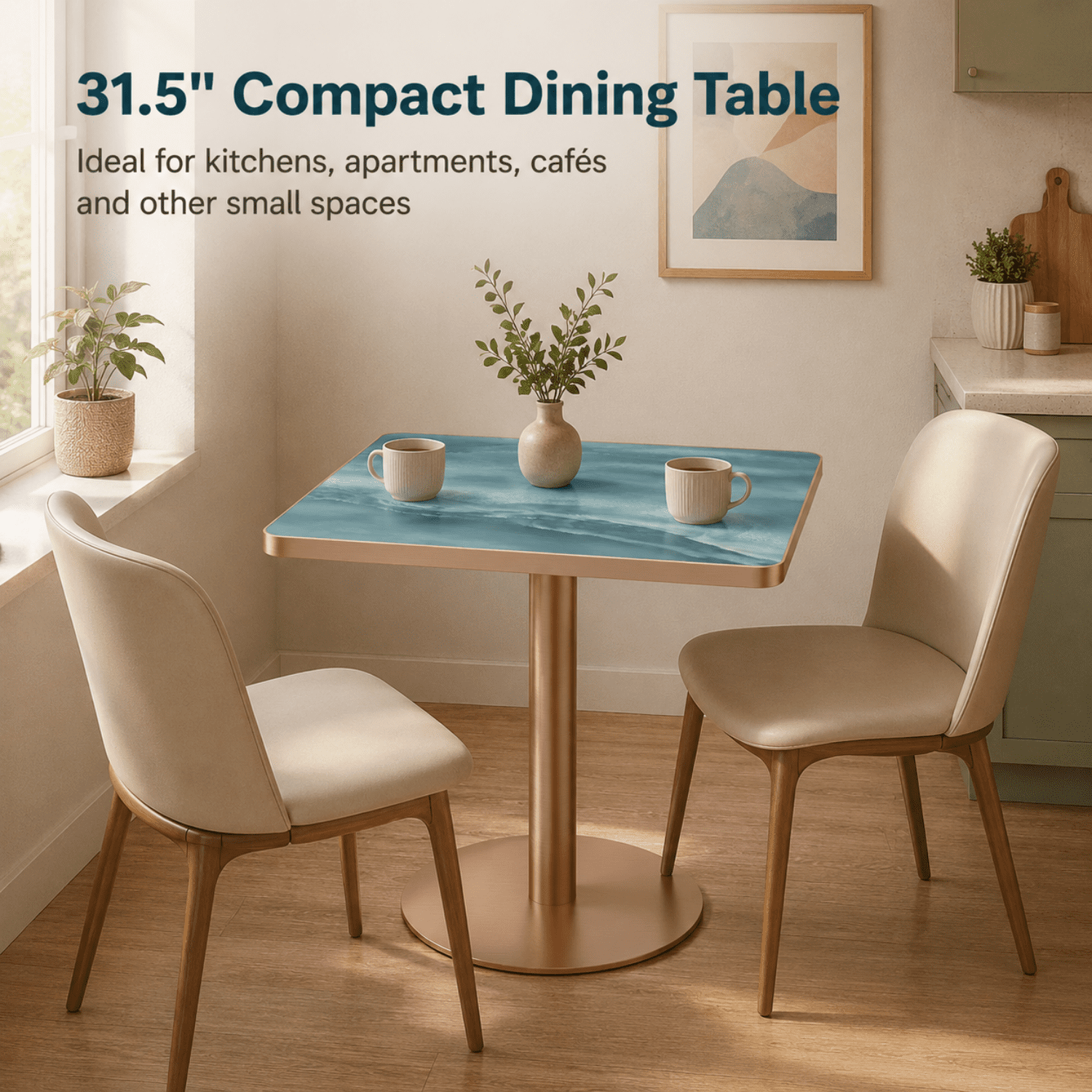 Miniyam 31.5 in Square Dining Table for 2-4, Marble-Look Sintered Stone Top, Stainless Steel Pedestal Base for Small Space, Teal