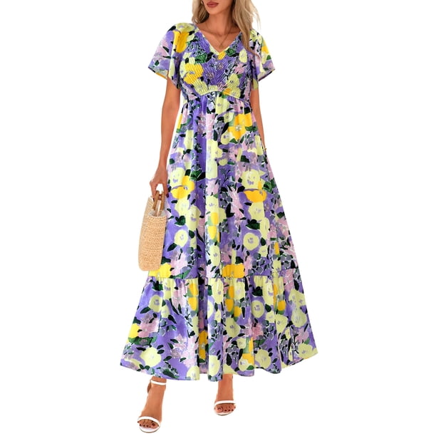 Vestido PRETTYGARDEN Boho Floral Cuello en V Manga Corta Talla L - Morado Amarillo
