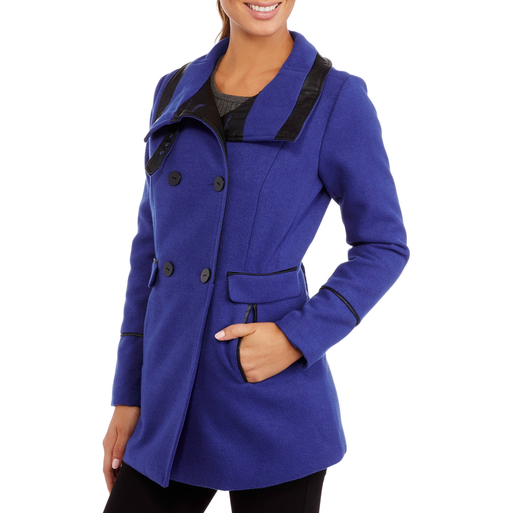 Women's Classic DoubleBreasted Faux Wool Peacoat With Faux Leather