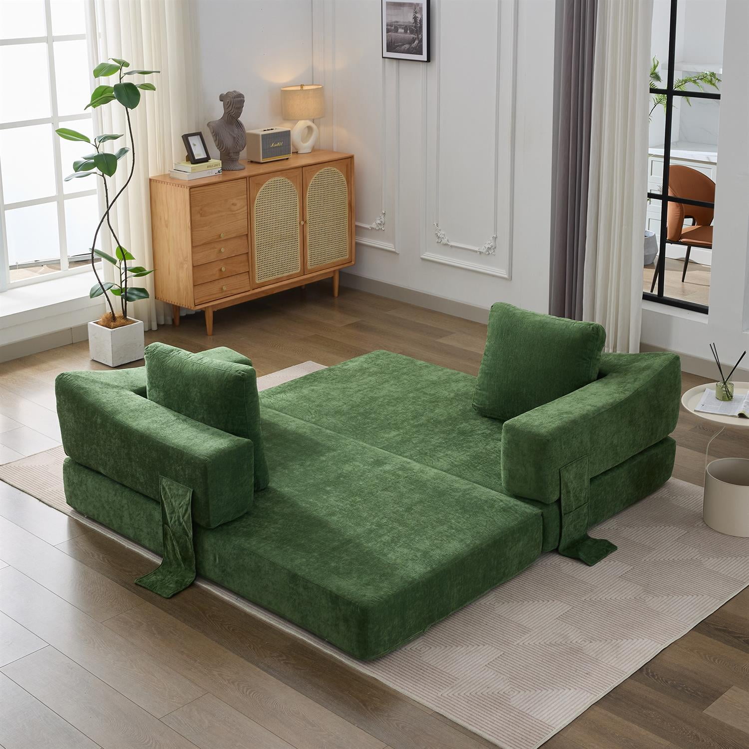 Demi Bonn 70" Modern Minimalist Convertible Sofa Bed, Fold-Out Sofa Chair, Versatile Floor Couch & Mattress for Living Room, Bedroom, Apartment, Removable Backrest, Green