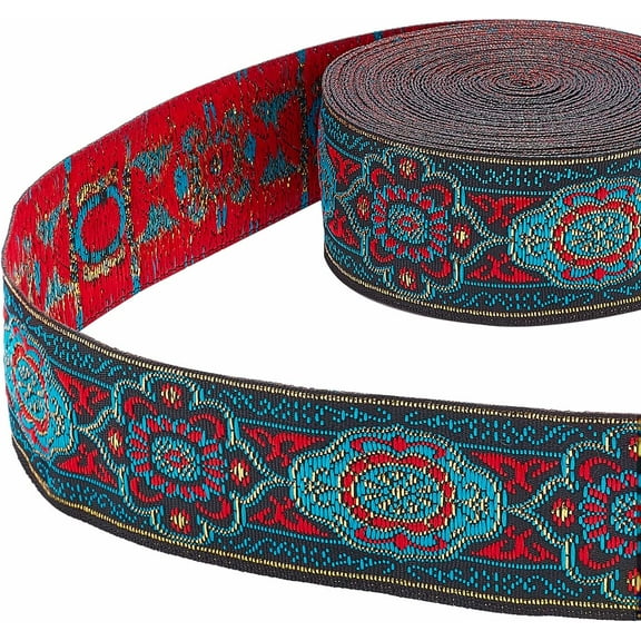 7ms Ethnic style Embroidery Polyester Ribbons Jacquard Ribbon Garment Accessories Floral Pattern Red 1-1/4 inch(33mm)
