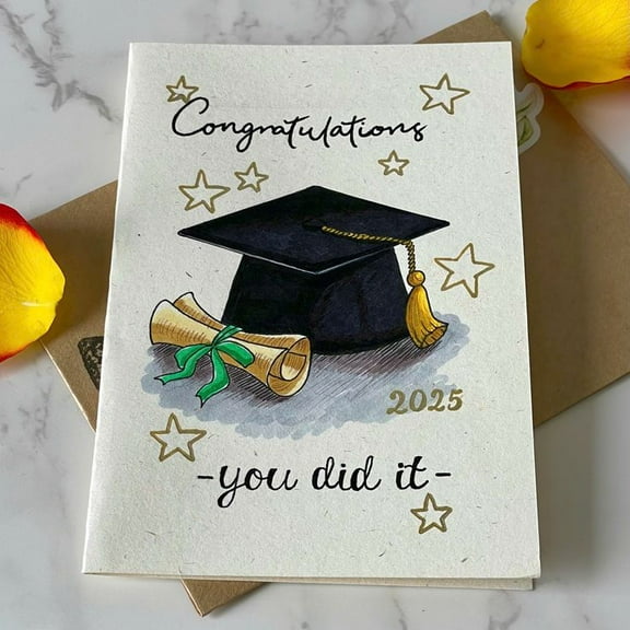 Congratulations Graduation Card 2025 - Black Graduation Cap and Scroll Design - Blank Inside with Envelope - Perfect for Graduates