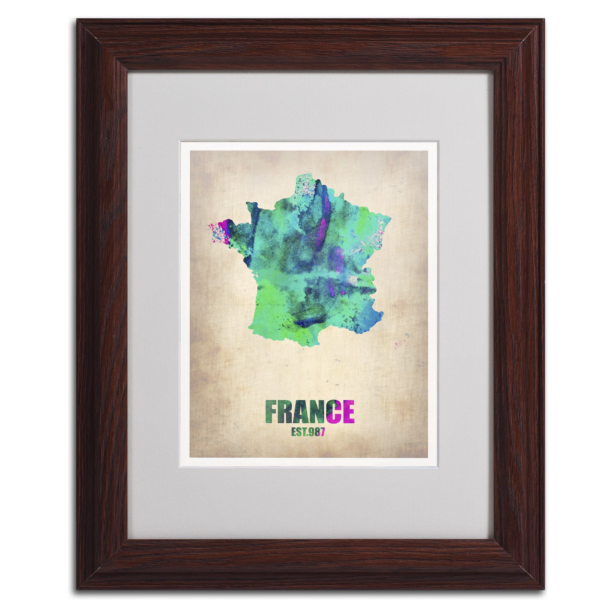 Trademark Fine Art "France Watercolor Map" Matted Framed Art by Naxart, Wood Frame