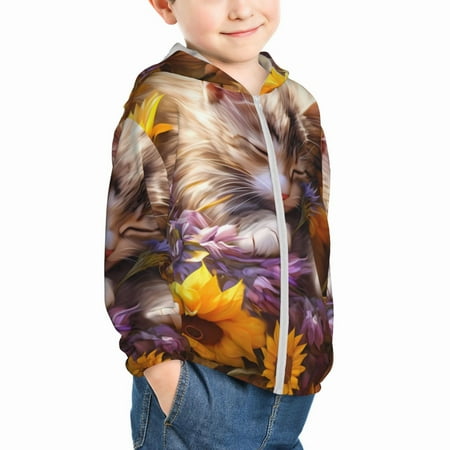 

Uemuo Cute Cat Sunflower Pattern Rash Guard for Boys Girls Long Sleeve Swim Shirts UPF 50+ UV Sun Protection Hooded Fishing Shirt with Pocket for Kid-18 Months