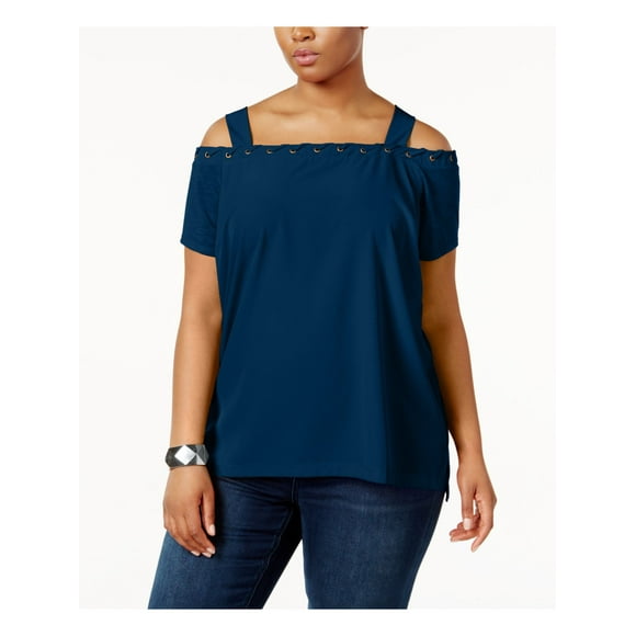 LOVE SCARLETT Womens Navy Cold Shoulder Laced-grommets Short Sleeve Square Neck Top Plus 3X