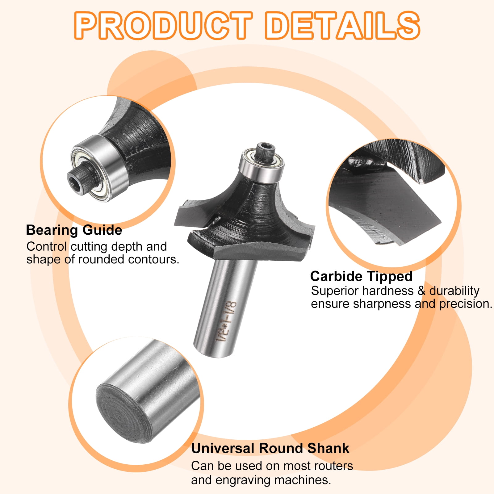 Uxcell Roundover Router Bit 1/2 Shank 9/16" Radius Alloy Steel Tip with Bearing Black