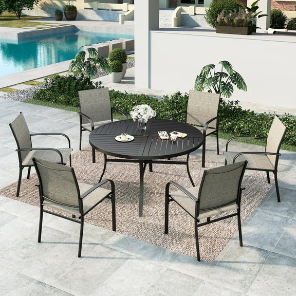 Summit Living 7-Piece Outdoor Patio Dining Set with 6 Pieces Textilene Chairs & Round Steel Table with Umbrella Hole, Black & Brown