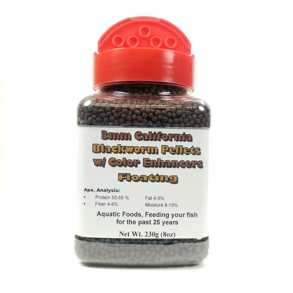 3 mm (1/8") Floating California Blackworm Pellets with Color Enhancers & Vitamins...230g Small Jar