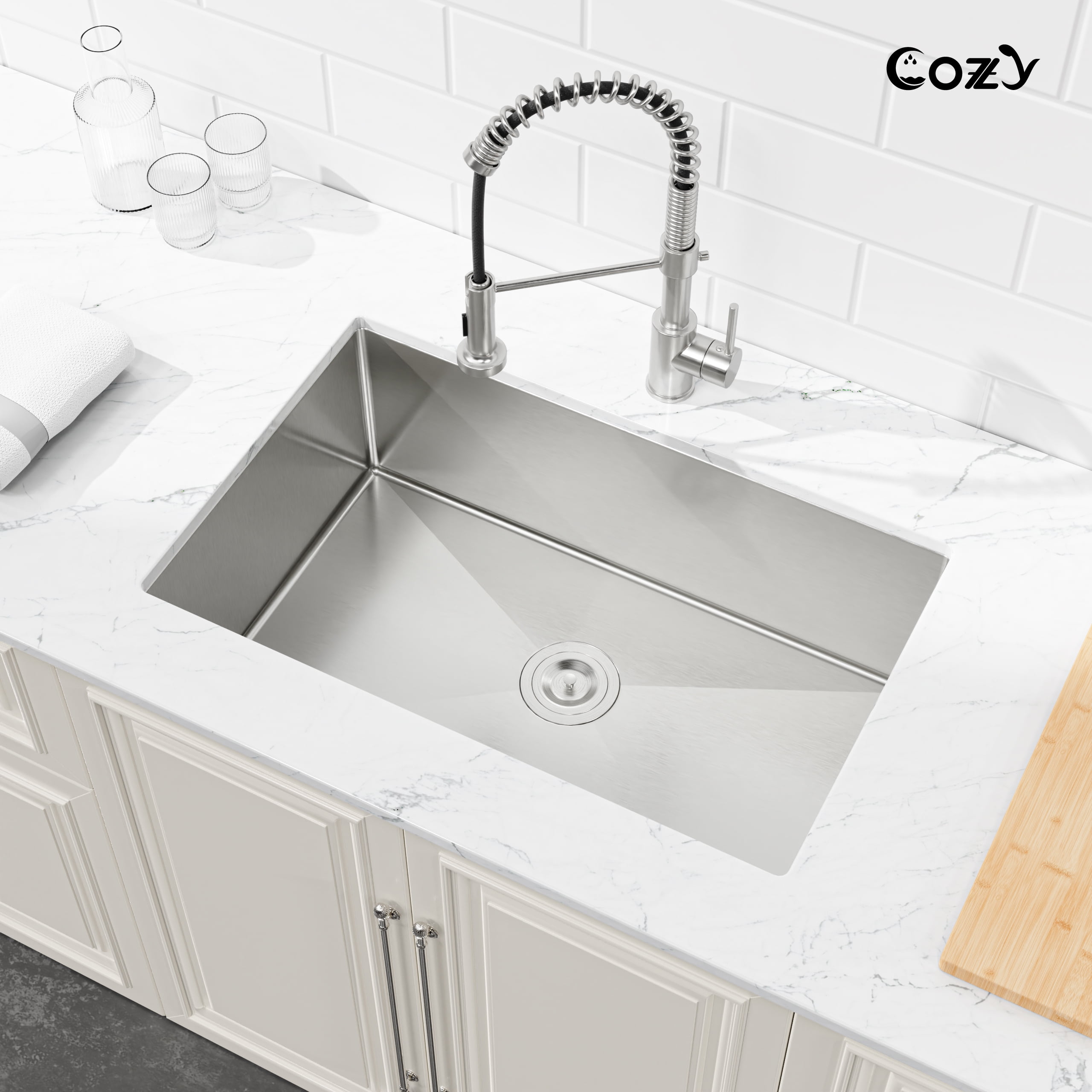 COZY 30″x19″ Stainless Steel Kitchen Sink, Drop In Single Bowl, Undermount Handmade Sink in Brushed Nickel, with US Standard Drain and Hook, SS-BR04D-301908