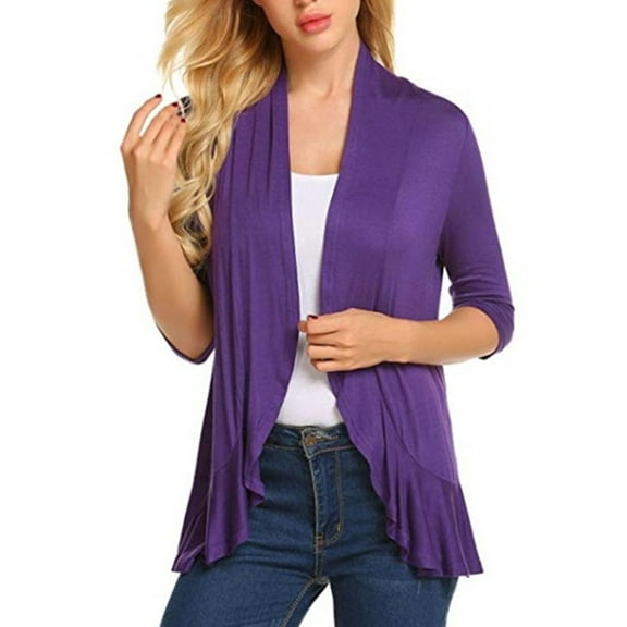 Women's Open Front Cardigan 3/4 Sleeve Draped Ruffles Soft Knit Sweaters