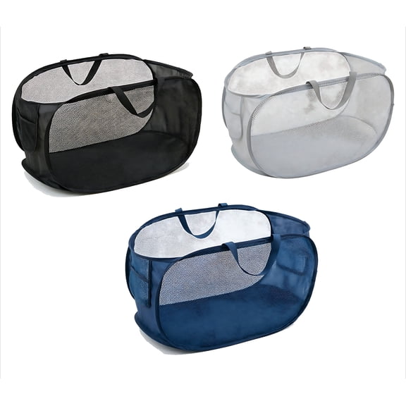 3 Pcs Durable Collapsible Laundry Baskets, Foldable Pop up Hamper with Pocket & Handles for Bathroom, Kids Room, Dorm, Travel