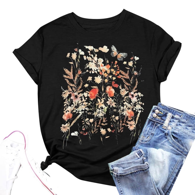 T-Shirt à Manches Courtes Imprimé Floral pour Femmes, Col Rond, Manches Longues Épaisses, T-Shirt Décontracté pour Femmes