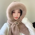 thumbnail image 2 of UTSJKR Women's Faux Fur Scarf Hat Integrated 2 in 1 Set Winter Cover Ears Beanie Hat Cute Furry Ear Flaps Ski Snow Hats Khaki, 2 of 2