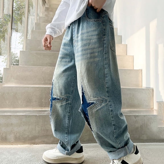 SGFCWSX Boys Jeans Vintage Wash Loose Fit Wide Leg Star Patch Casual Trousers for Kids Light Blue Size 10 Years