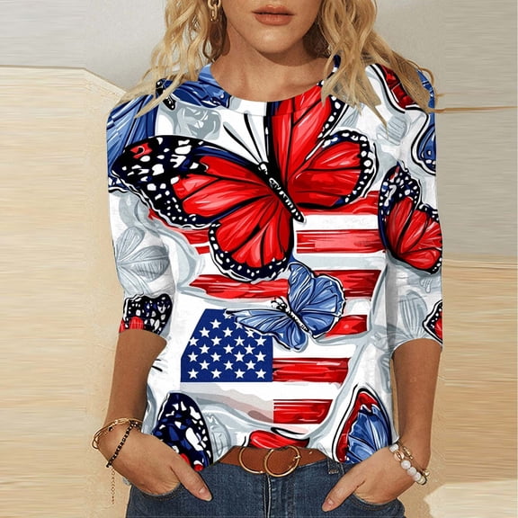 Xdegoge USA Vintage American Flag Stars Stripes Color Block T Shirt for Women Three Quarter Sleeve Crewneck Casual 4th of July Patriotic Summer Holiday Tees Tops