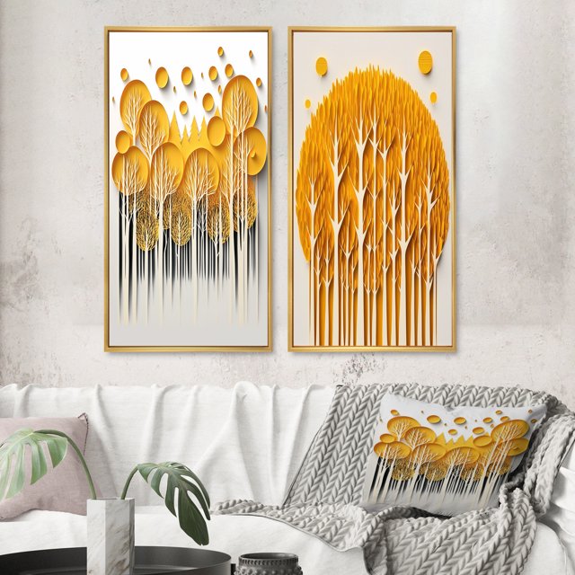Designart "Quill Minimalism Yellow Trees in the Forest III" Landscape Trees Framed Wall Art Set Of 2 - Traditional Yellow Gallery Wall Frame Set For Home Decor