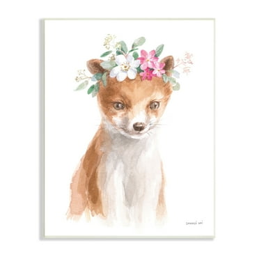 Curious Fox Pink Daisy Floral Crown Woodland Animal 10 in x 15 in Framed Painting Art Print, by Stupell Home Décor