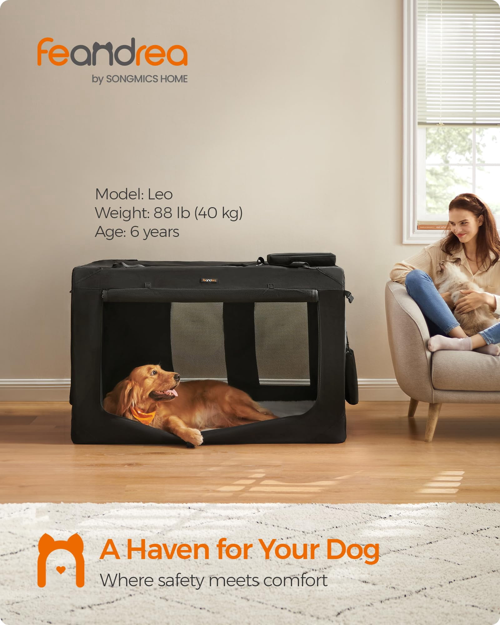 48 Inch Collapsible Dog Crate Portable Kennel for Large Dogs, Indoor Outdoor Pet Carrier with Safety Zippers, Fleece Pad, 3 Doors for Living Room Car Travel Camping, Black