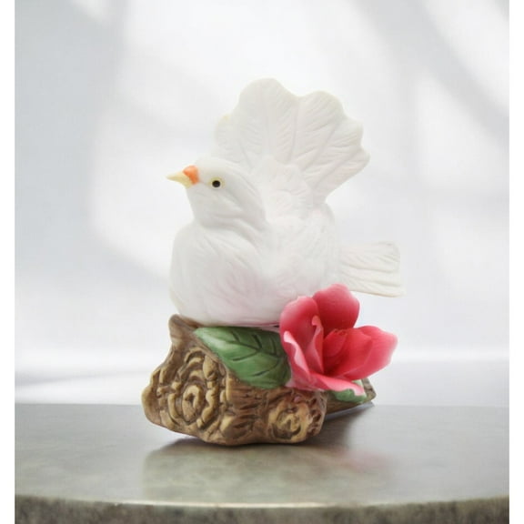 Ceramic White Dove Bird with Red Rose Flower Figurine, Garden Decor, Vintage Decor, Gift for Her, Gift for Mom