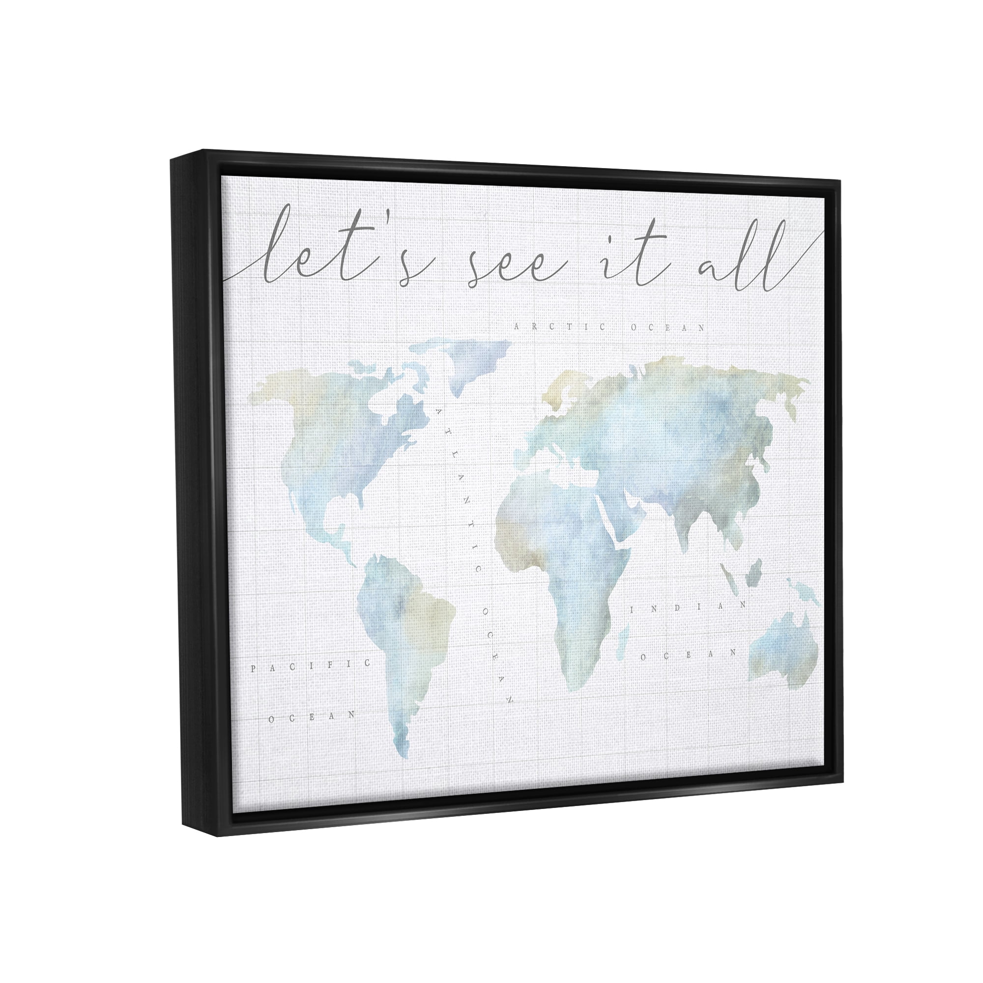 Stupell Industries Let's See It All World Map Typography Painting Black Floater Framed Art Print Wall Art