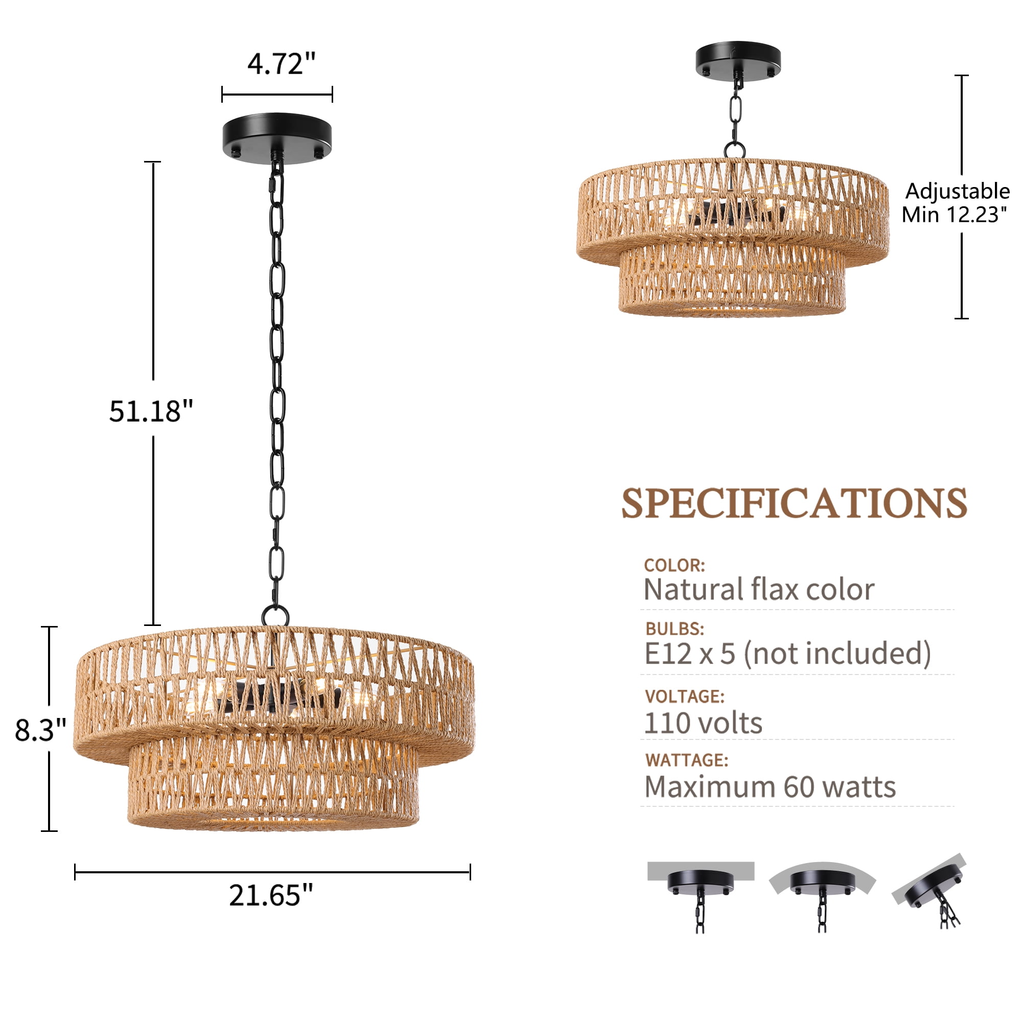 22"Farmhouse Hand-Woven Rattan Chandeliers for Dining Room 5-Light Boho Chandelier with Hand Woven Wicker Shade 3-Tier Large Rattan Pendant Lights Ceiling Hanging Lighting Kitchen Island