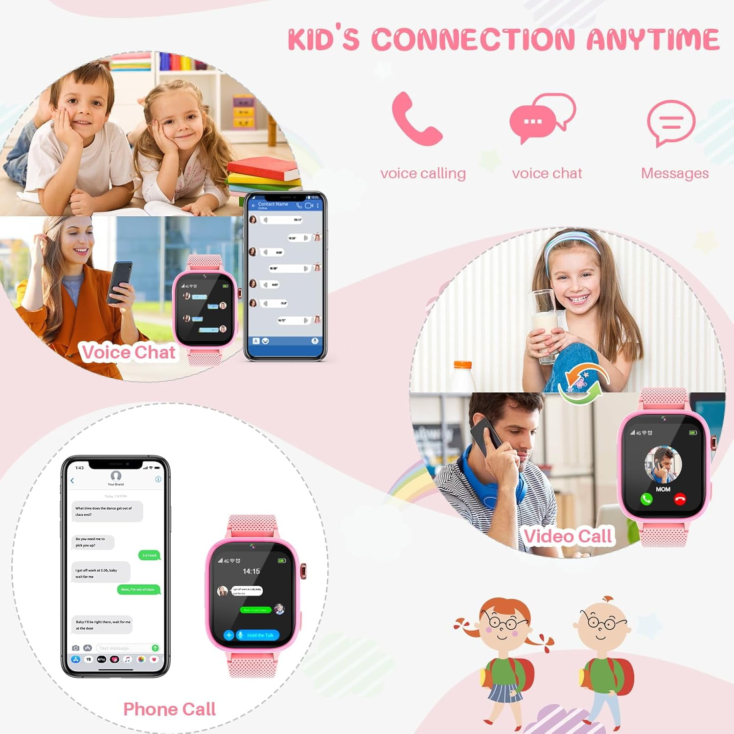 SHANNA 4G Kids Smart Watch GPS Tracker - Smartwatch with 2-Way Call Video Calling Voice Chat SOS Class Mode Pedometer Puzzle Games Wi-Fi Touch Screen Alarm Clock Smartwatches for Boys Girl, Pink