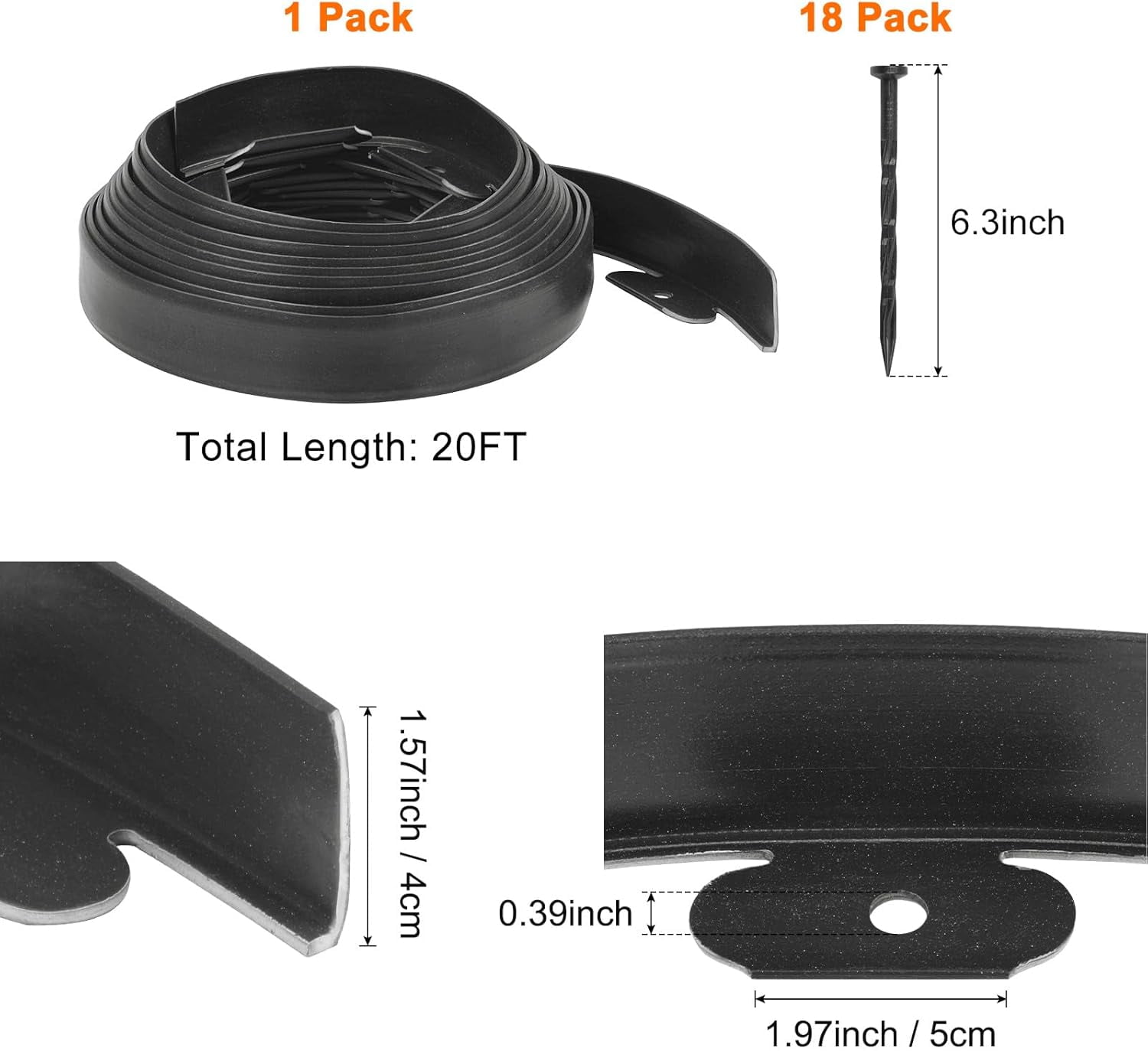 Garden Edging - 20 Feet Plastic Landscaping Edging Border with 18 PCS Spikes Apply to Flower Beds/Grass Lawn/Yard (20FT x 1.57IN, Black)