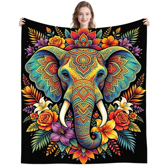 Colorful Boho Ethnic Elephant Blanket Gifts for Women Men Adults Mom Grandma Cozy Soft Flowers Elephant Throw Blankets for Couch Sofa Home Decor 50x40 Inch
