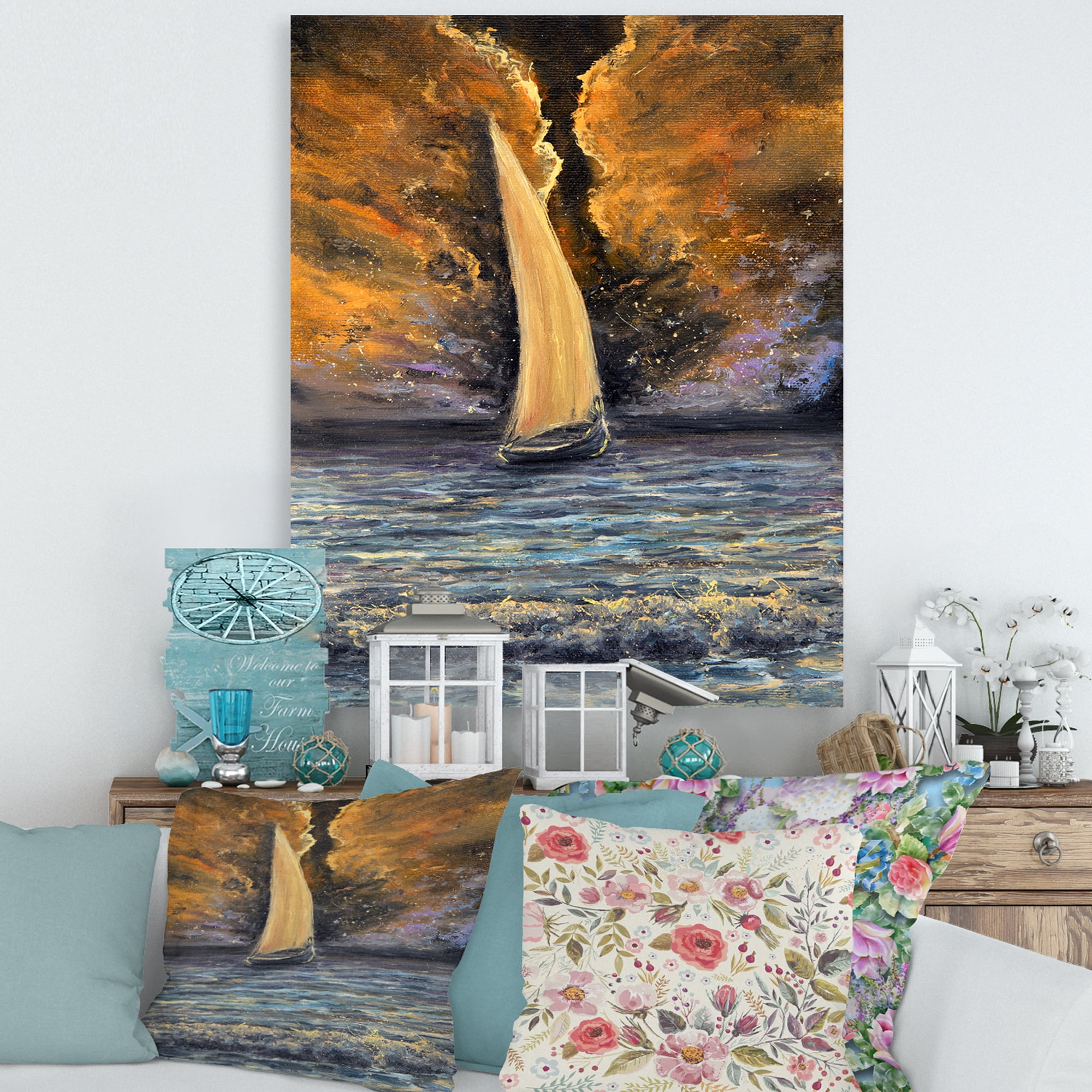 Designart ' Sailship On The Ocean At Morning ' Nautical & Coastal Canvas Wall Art Print