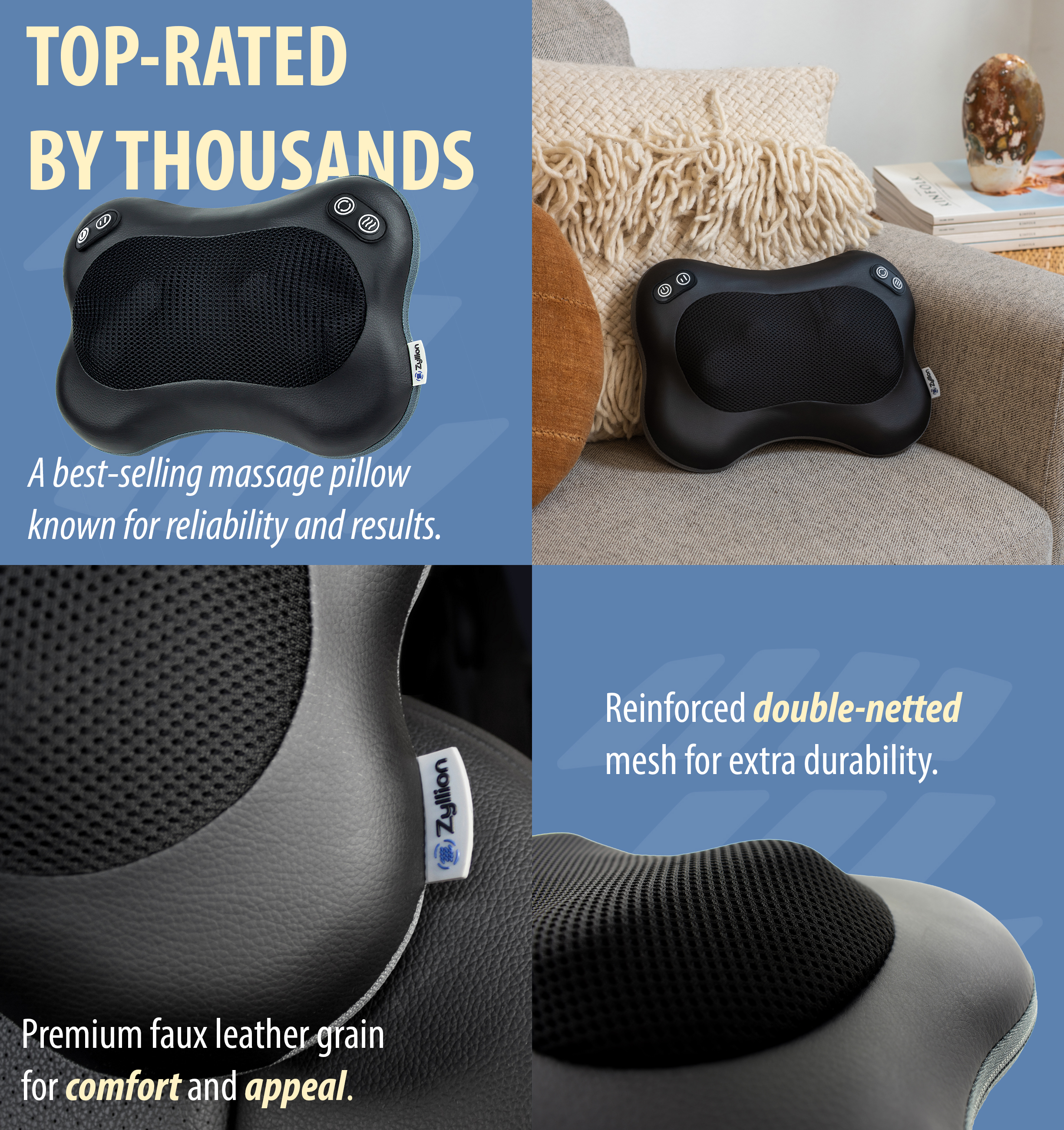 Zyllion Shiatsu Back & Neck Massager 3D Kneading 2-Speed Massage Pillow with Heat for Muscle Pain, Black