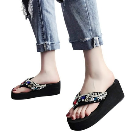 

Yilirongyumm Black 37 Sandals Women Wedges Shoes Women Sandals Comfort With Elastic Ankle Strap Casual Bohemian Beach Shoes Slip On Rhinestone Sandals Women Flats Open Toe