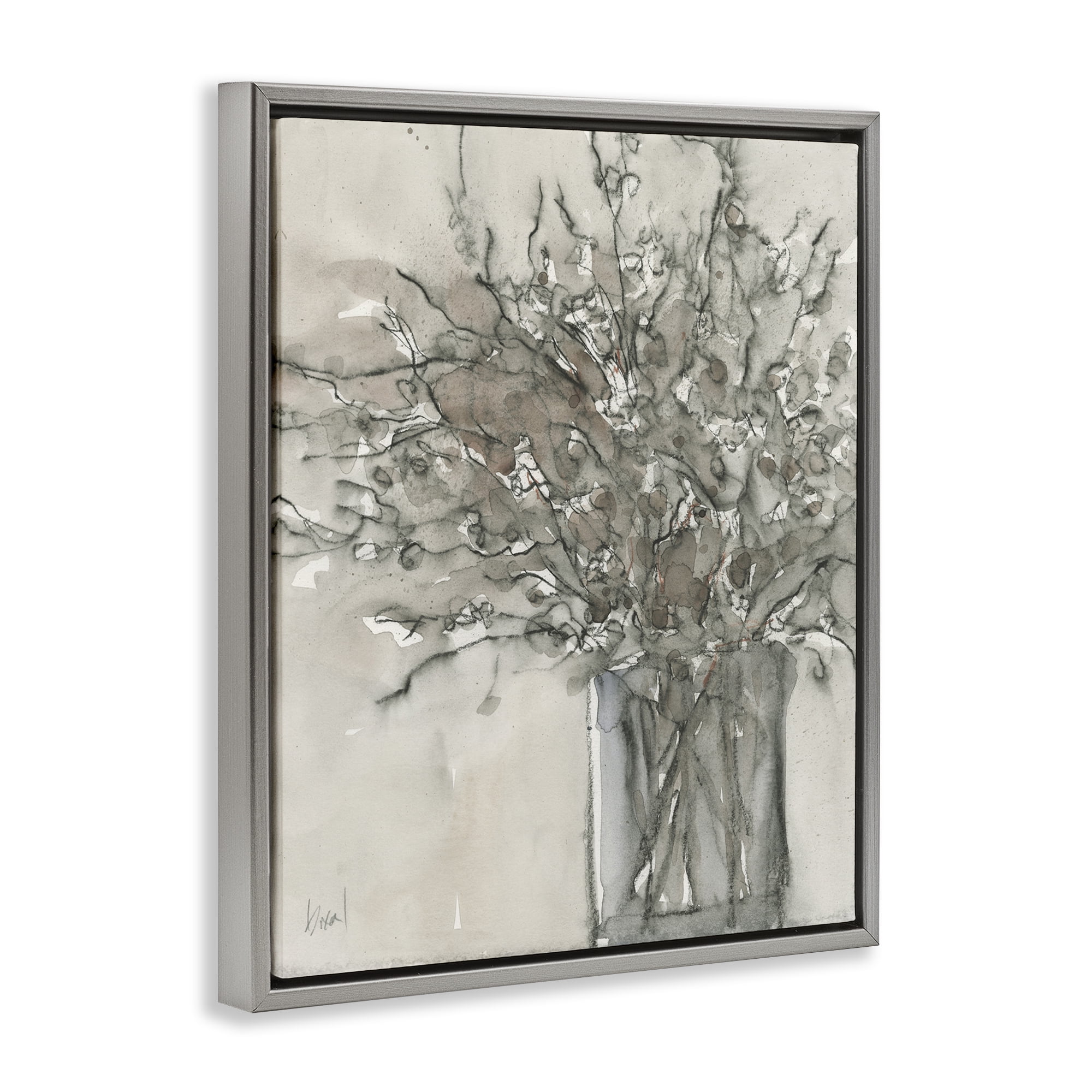 Stupell Industries Traditional Bouquet Drawing Plants & Flowers Painting Gray Floater Framed Canvas Art Print Wall Art, 17 x 21
