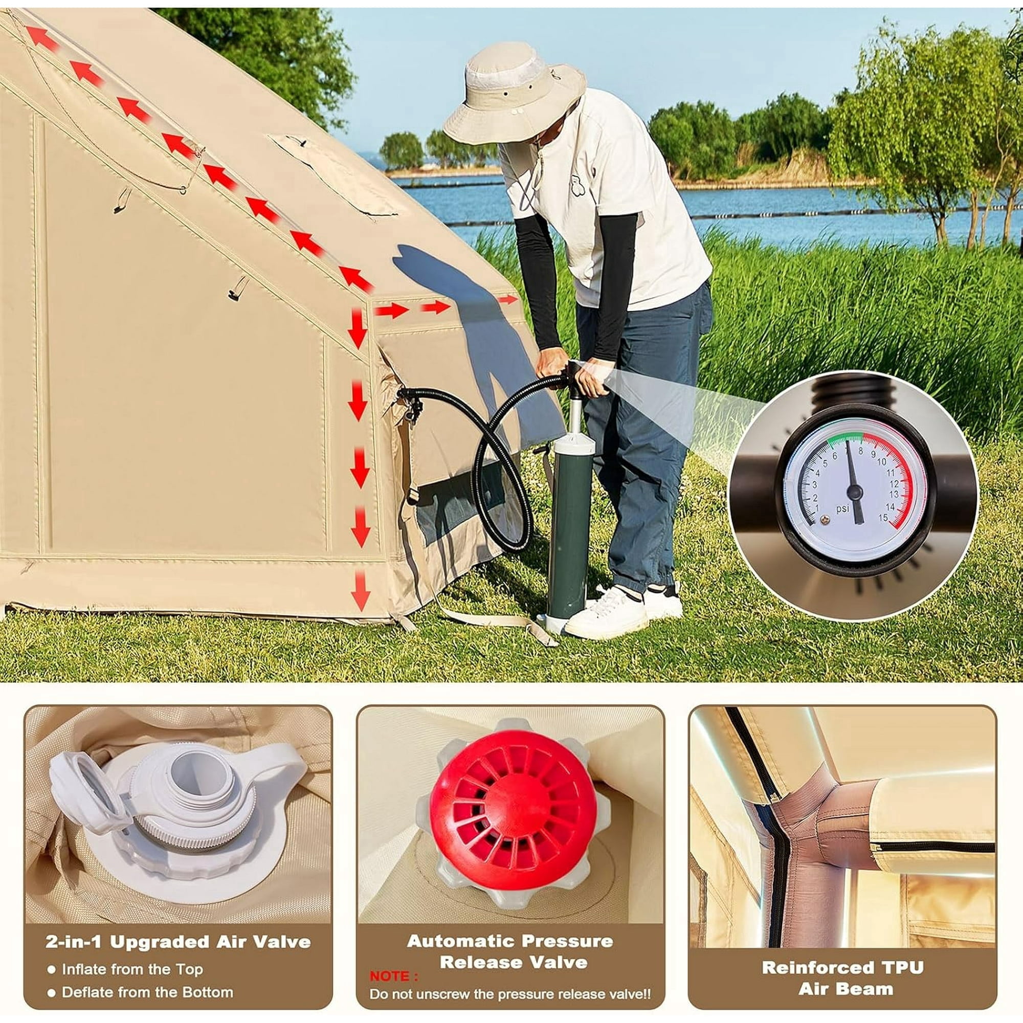 Slsy Large Inflatable Camping Tent, Blow Up Tent with Room, Easy Setup 6-8 Person Inflatable SUV Tent Waterproof Oxford Family Tent with Extended Balcony, Mesh Windows, Stove Jack, Pump